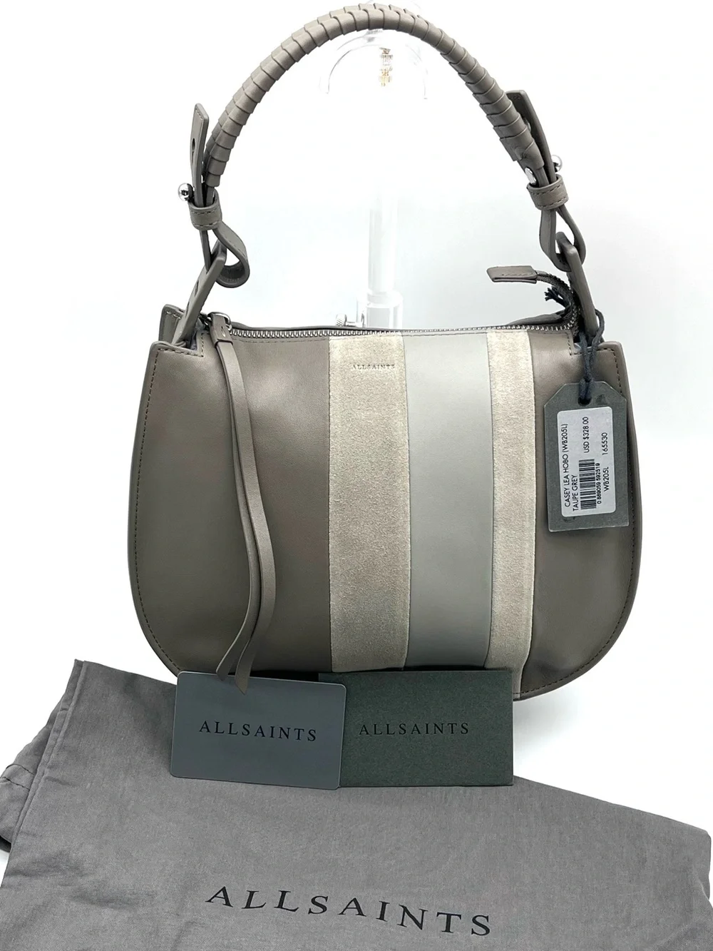 AllSaints Casey Lea Hobo Taupe Grey Leather Bag NWT MSRP $328 w/ Dust Bag